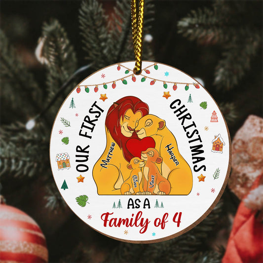 365Gifty personalized first Christmas ornament featuring a family of four lions with names on a round hanging decoration