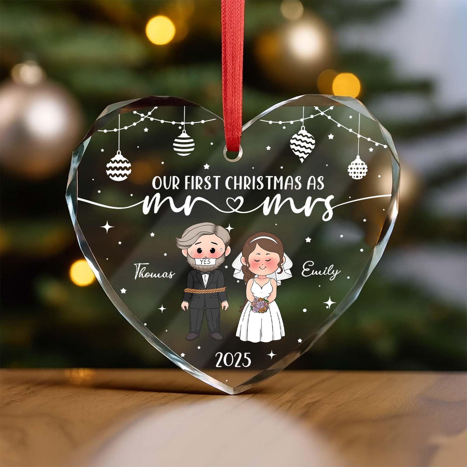 Personalized first Christmas ornament featuring a couple engaged, perfect for holiday decorations