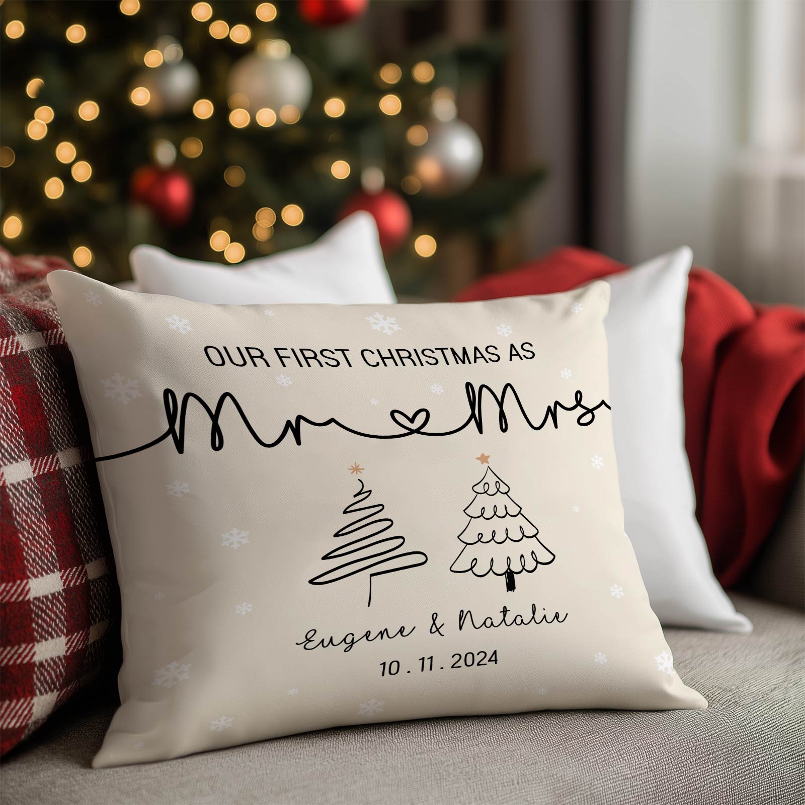 Personalized first Christmas pillow with Mr and Mrs design and custom names Eugene and Natalie