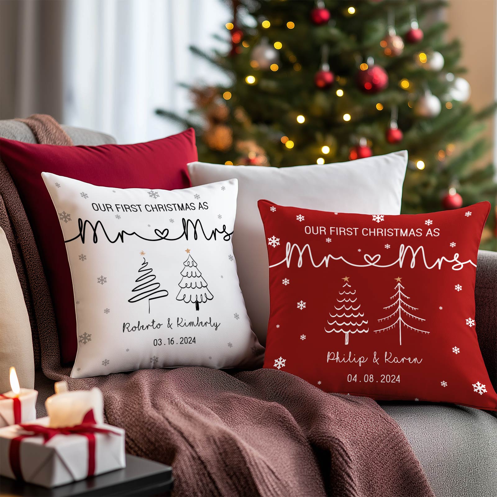 Personalized first Christmas pillow set with Mr and Mrs design in white and red on couch near Christmas tree
