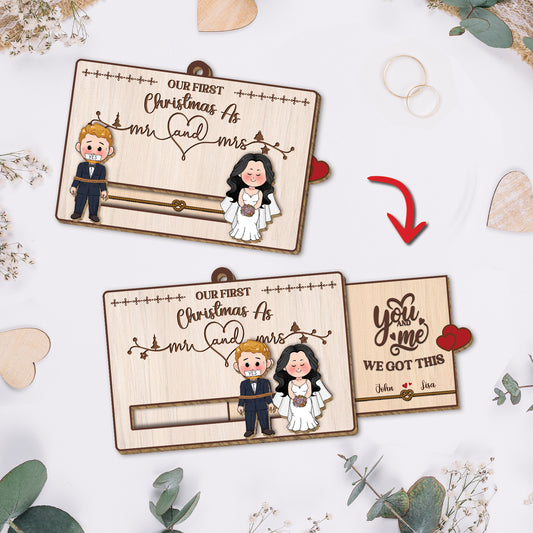 Personalized first Christmas slider card for couples featuring a bride and groom design
