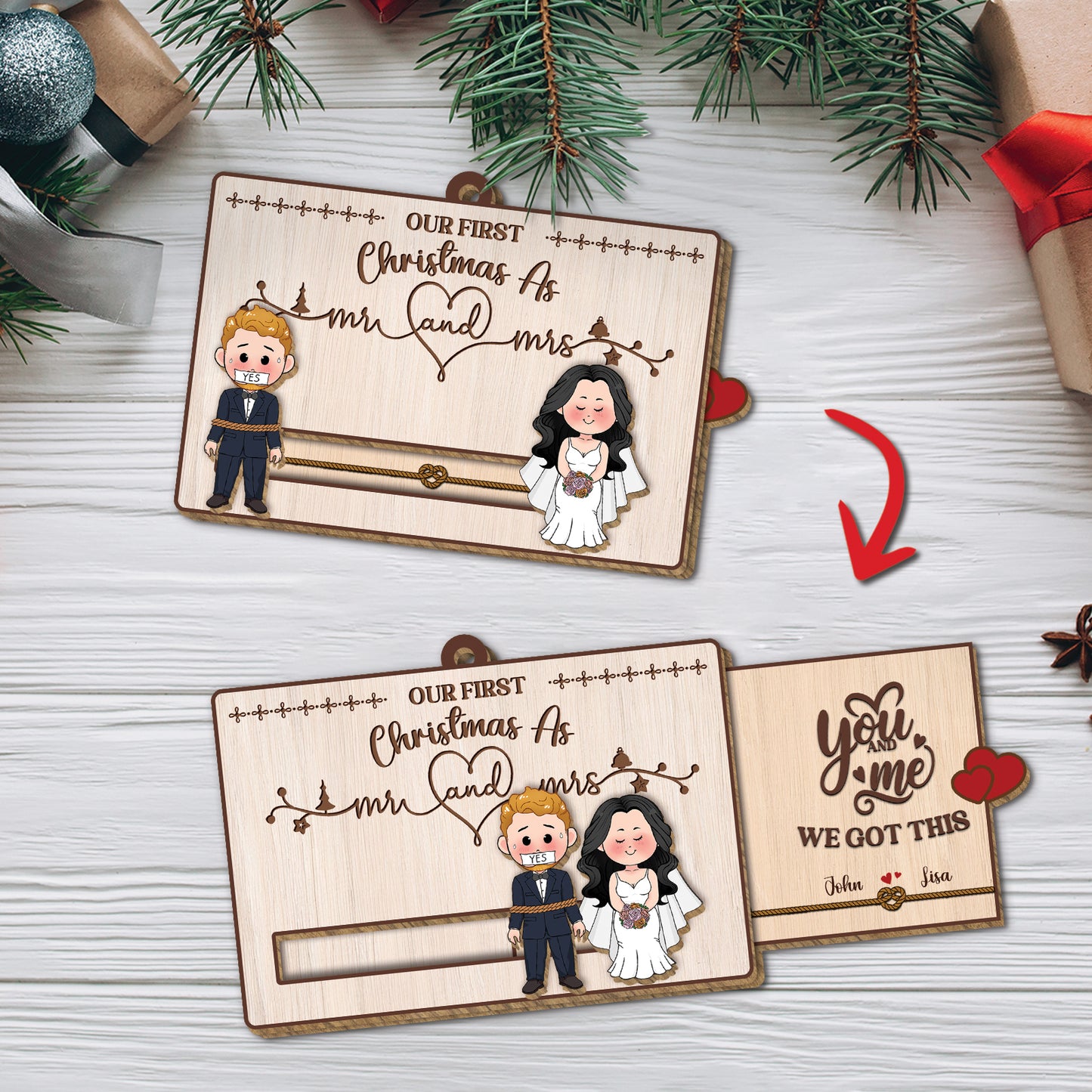 Personalized first Christmas slider card for couples featuring cartoon bride and groom design