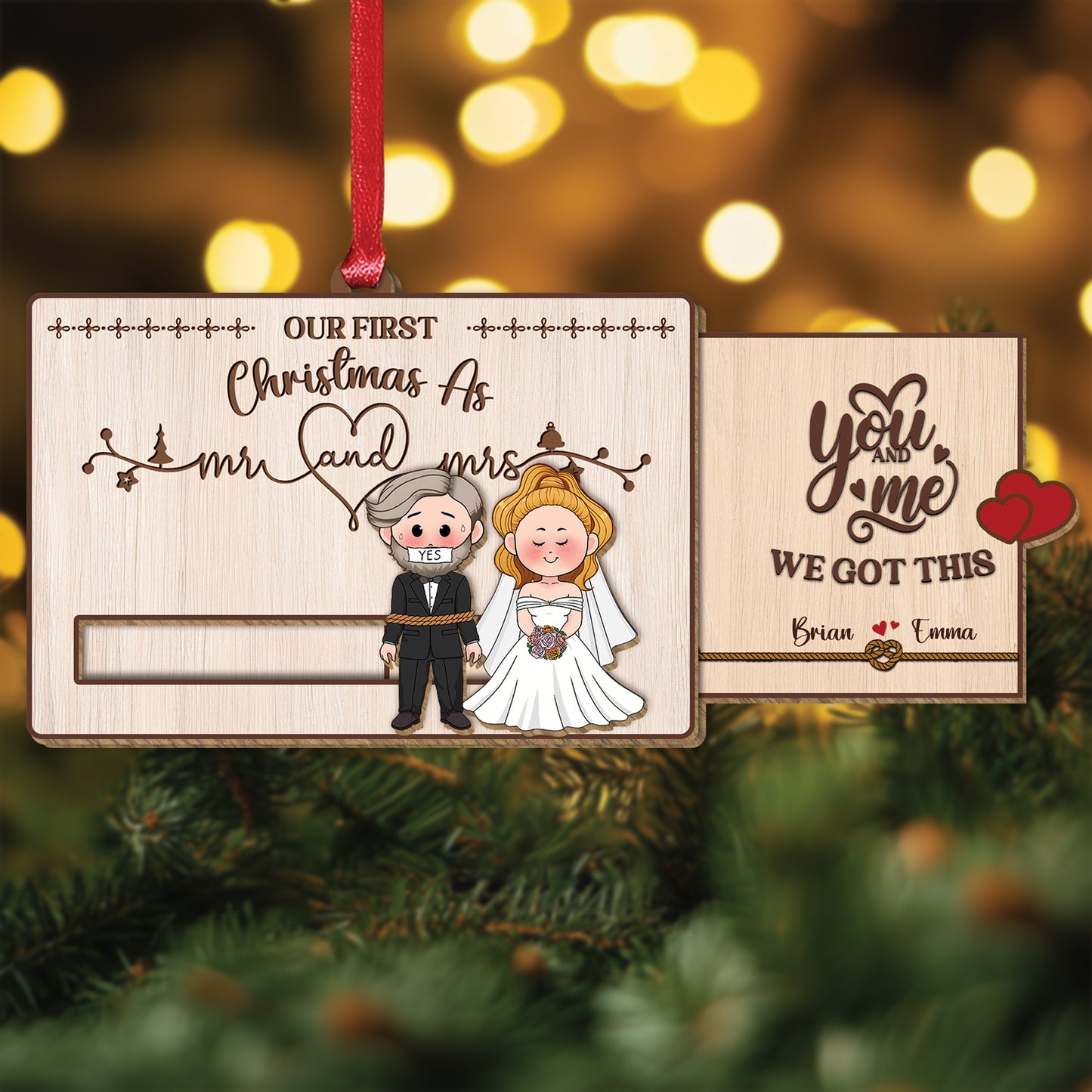 Personalized first Christmas slider card for couples featuring a newlywed couple design