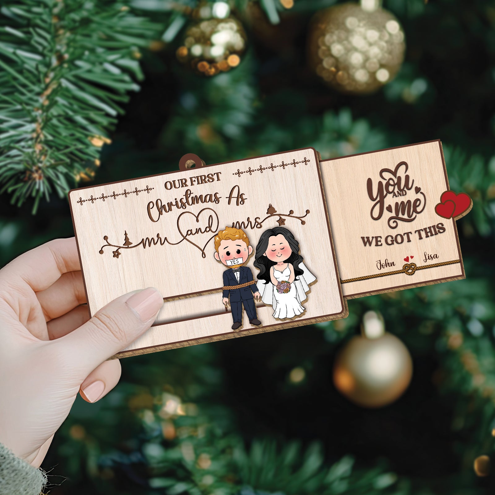 Personalized first Christmas slider card for couples featuring a cute couple illustration and festive design