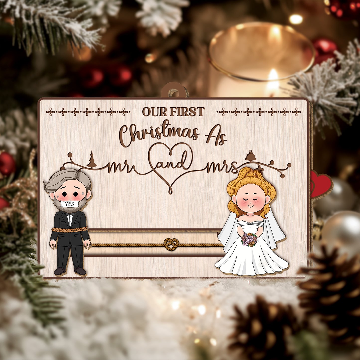 Personalized first Christmas slider card for couples featuring a bride and groom illustration