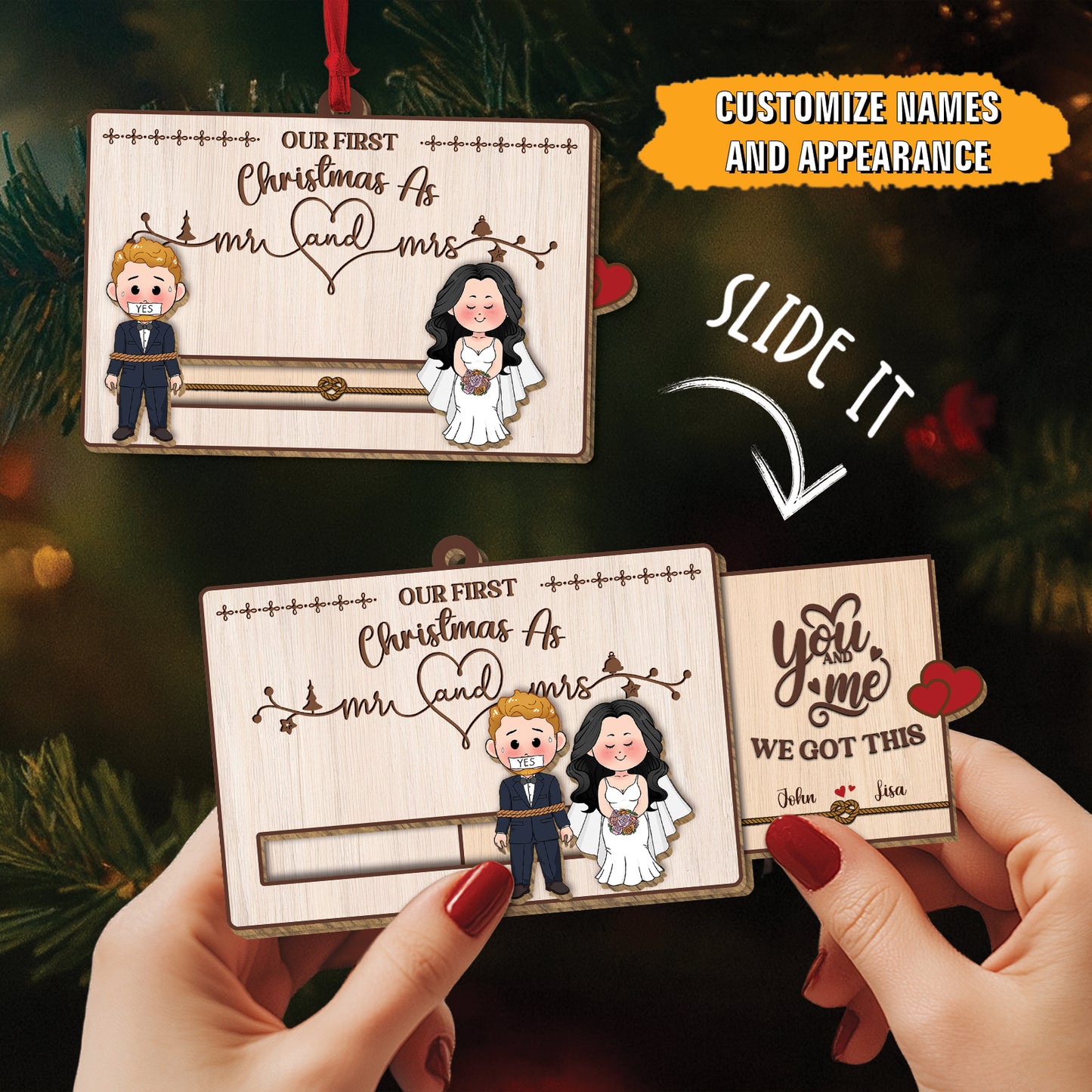 Personalized first Christmas slider card for couples featuring custom names and illustrations of a bride and groom