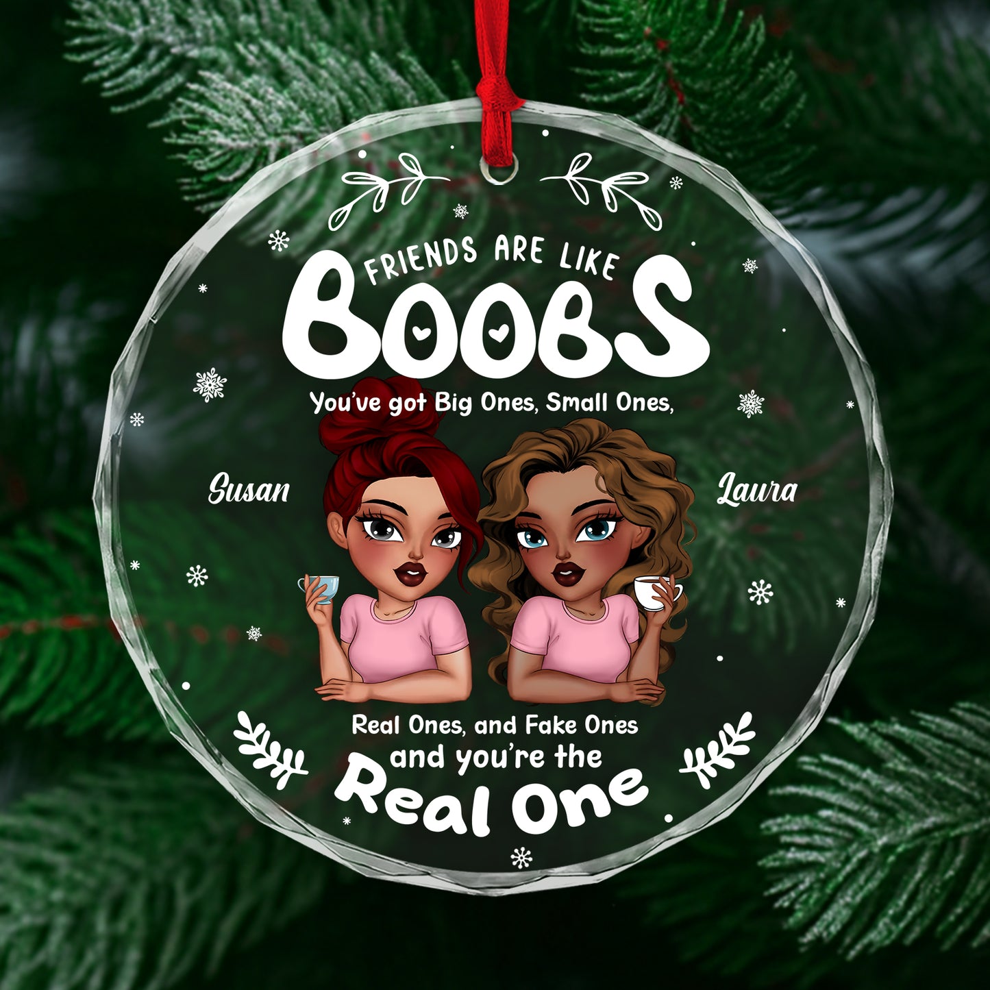 Personalized friends glass ornament featuring two cartoon women with playful text and colorful design