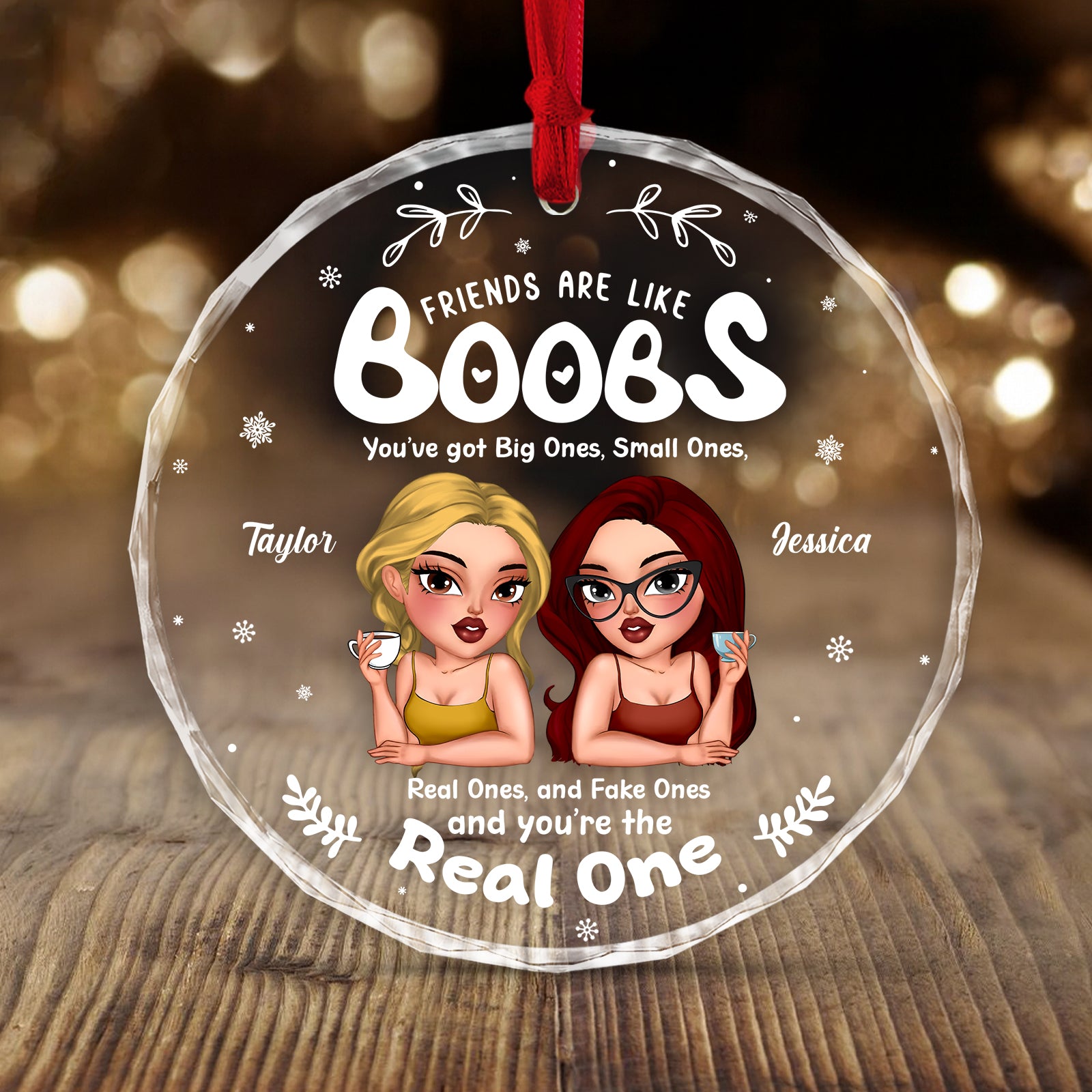 Personalized friends glass ornament featuring two cartoon characters and a funny friendship quote