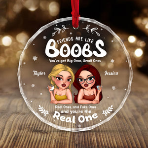 Personalized friends glass ornament featuring two cartoon characters and a funny friendship quote