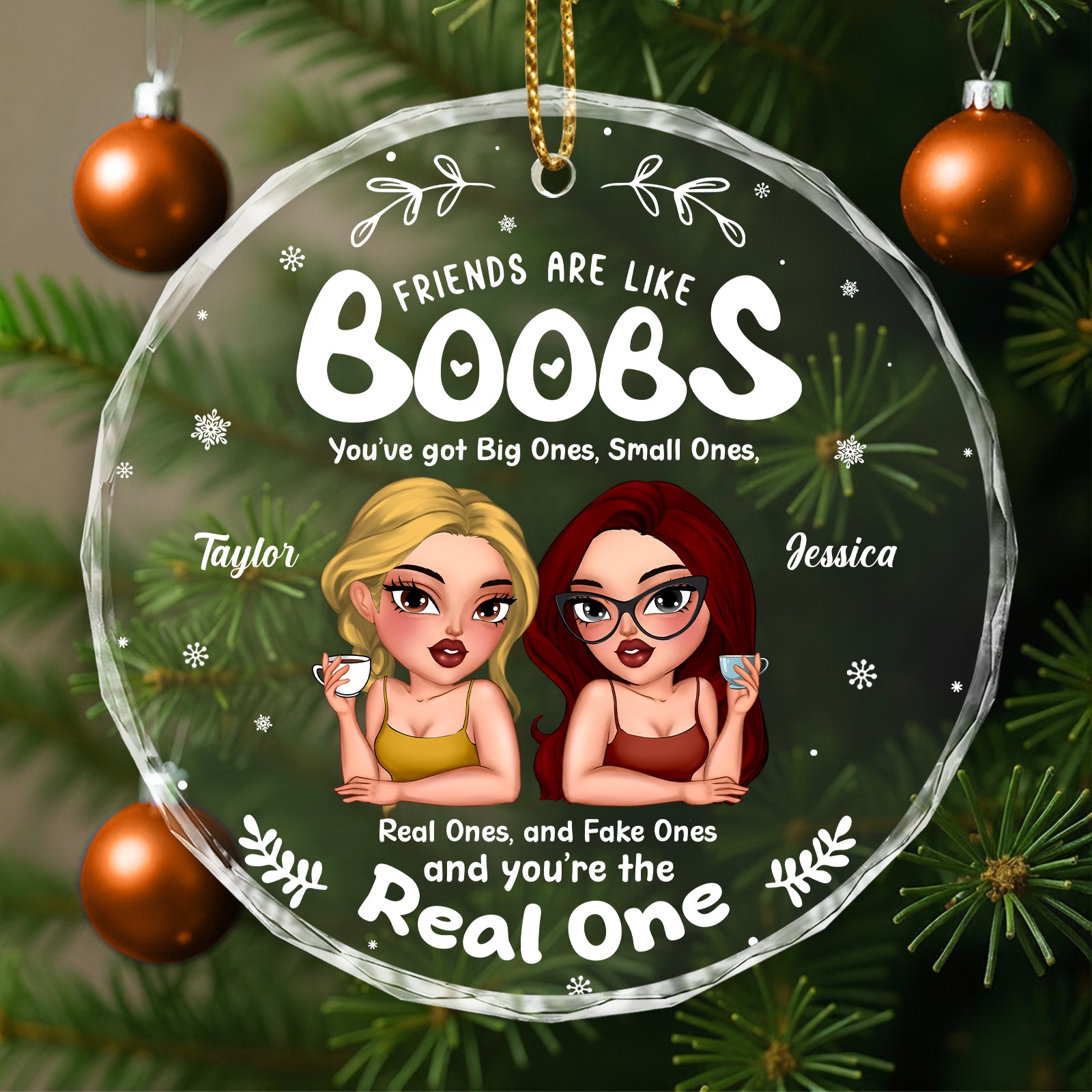 Personalized friends glass ornament featuring cartoon characters with humorous text for a playful gift