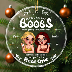 Personalized friends glass ornament featuring cartoon characters with humorous text for a playful gift