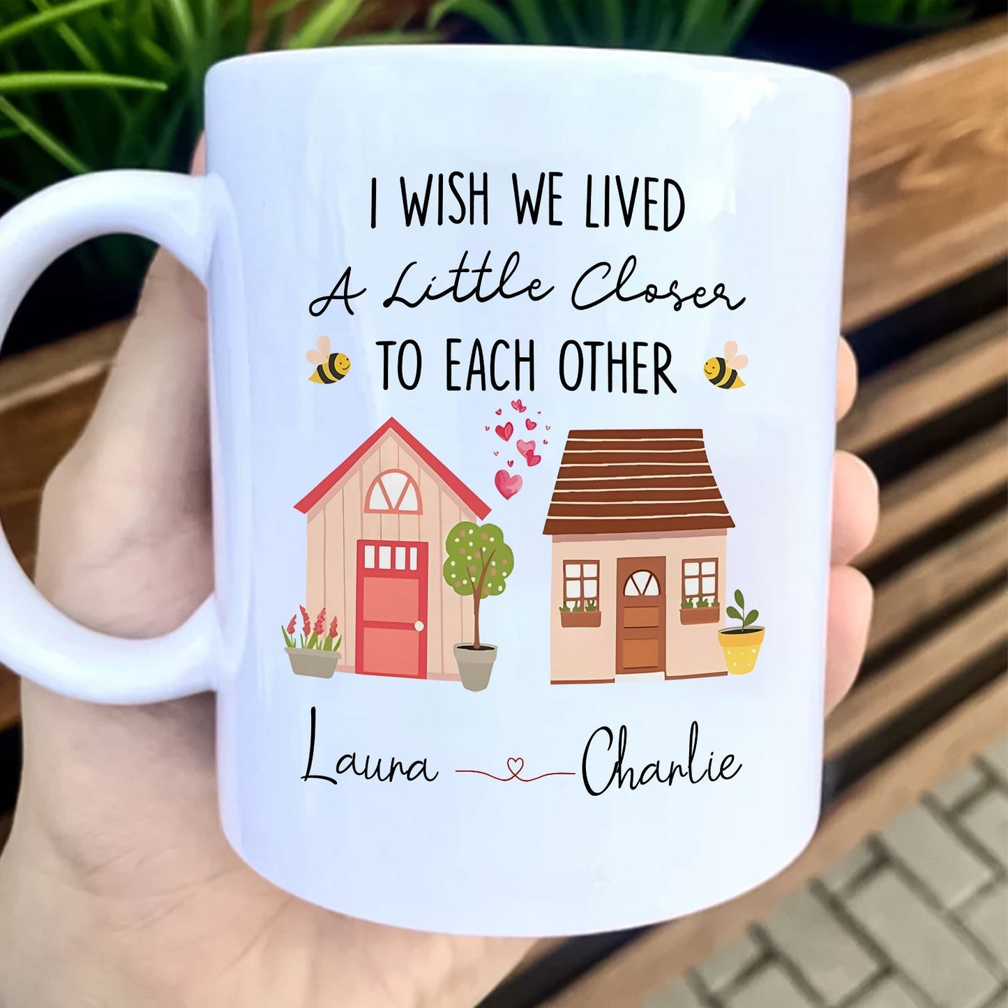 Personalized friends mug with two houses and a heartfelt message for friendship gifts