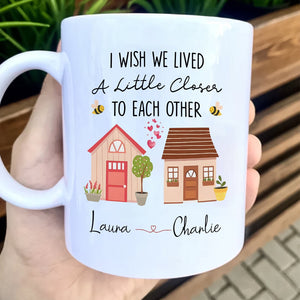Personalized friends mug with two houses and a heartfelt message for friendship gifts