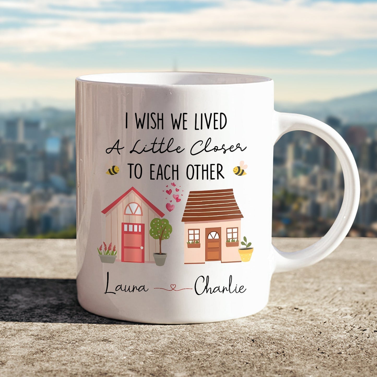 Personalized friends mug featuring whimsical houses and heartfelt message for close friends