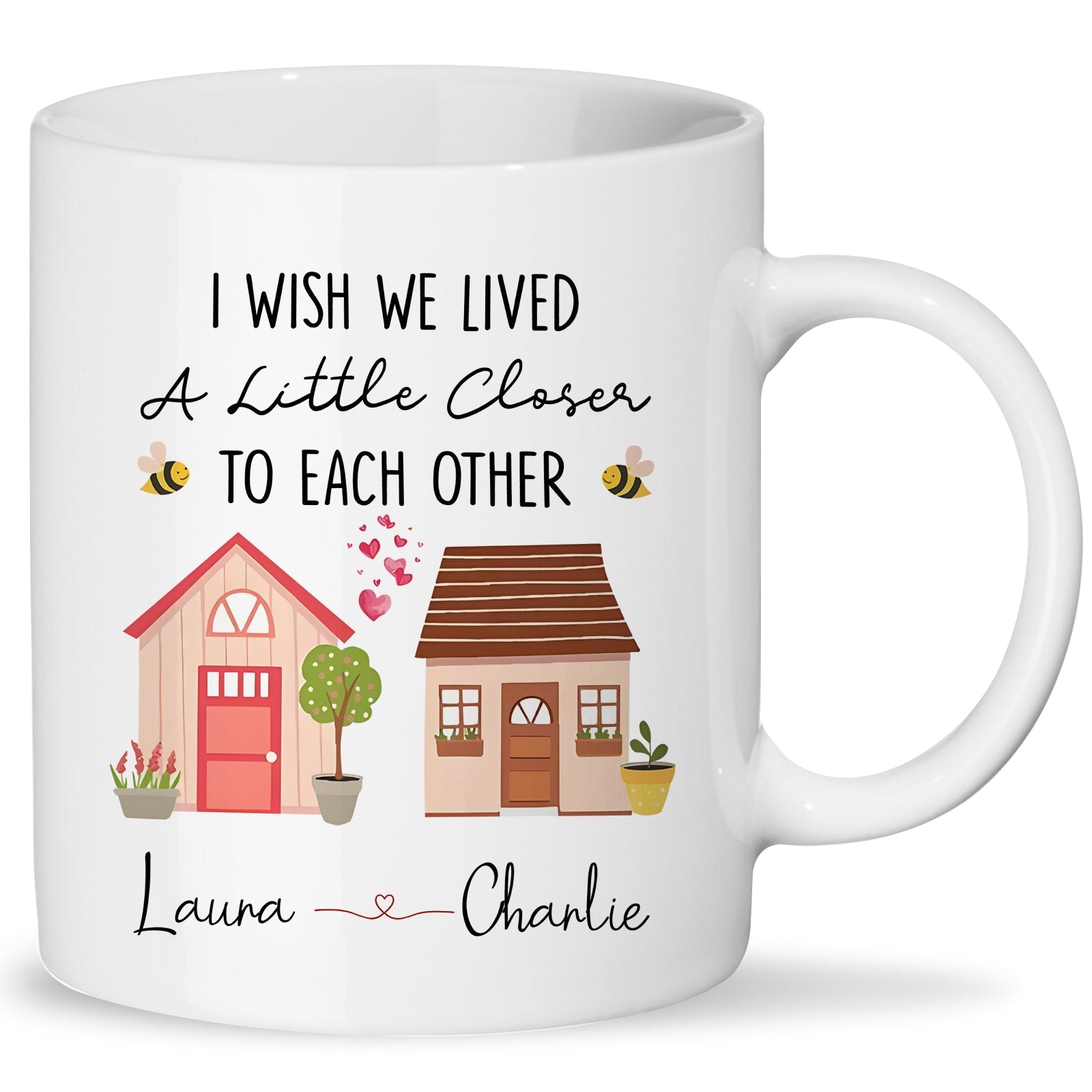 Personalized friends mug featuring a heartfelt message and cute house designs for cherished friendships