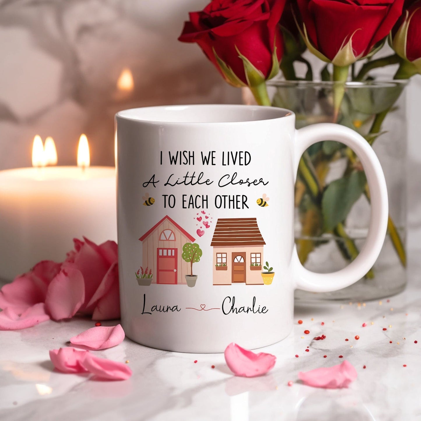Personalized friends mug with houses design featuring names Laura and Charlie, perfect for gifting
