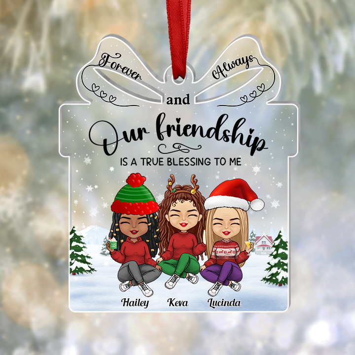 365Rustic personalized friendship ornament with three friends in winter clothes and festive background