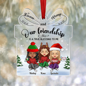 365Rustic personalized friendship ornament with three friends in winter clothes and festive background