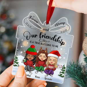 Personalized friendship ornament with cartoon friends and names featuring festive winter design