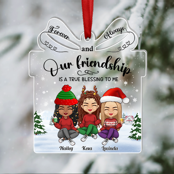 365Rustic personalized friendship ornament with cartoon friends and festive winter design