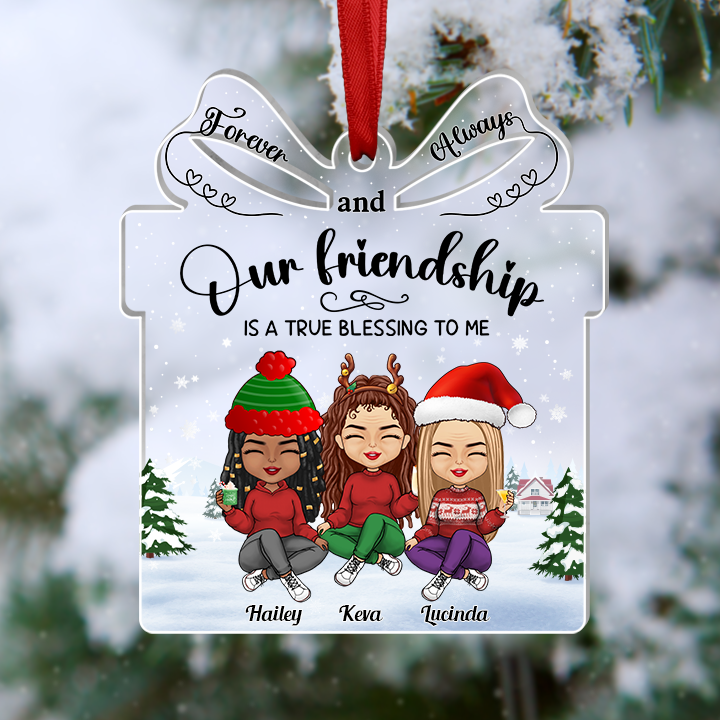 365Rustic personalized friendship ornament with cartoon friends and holiday winter design