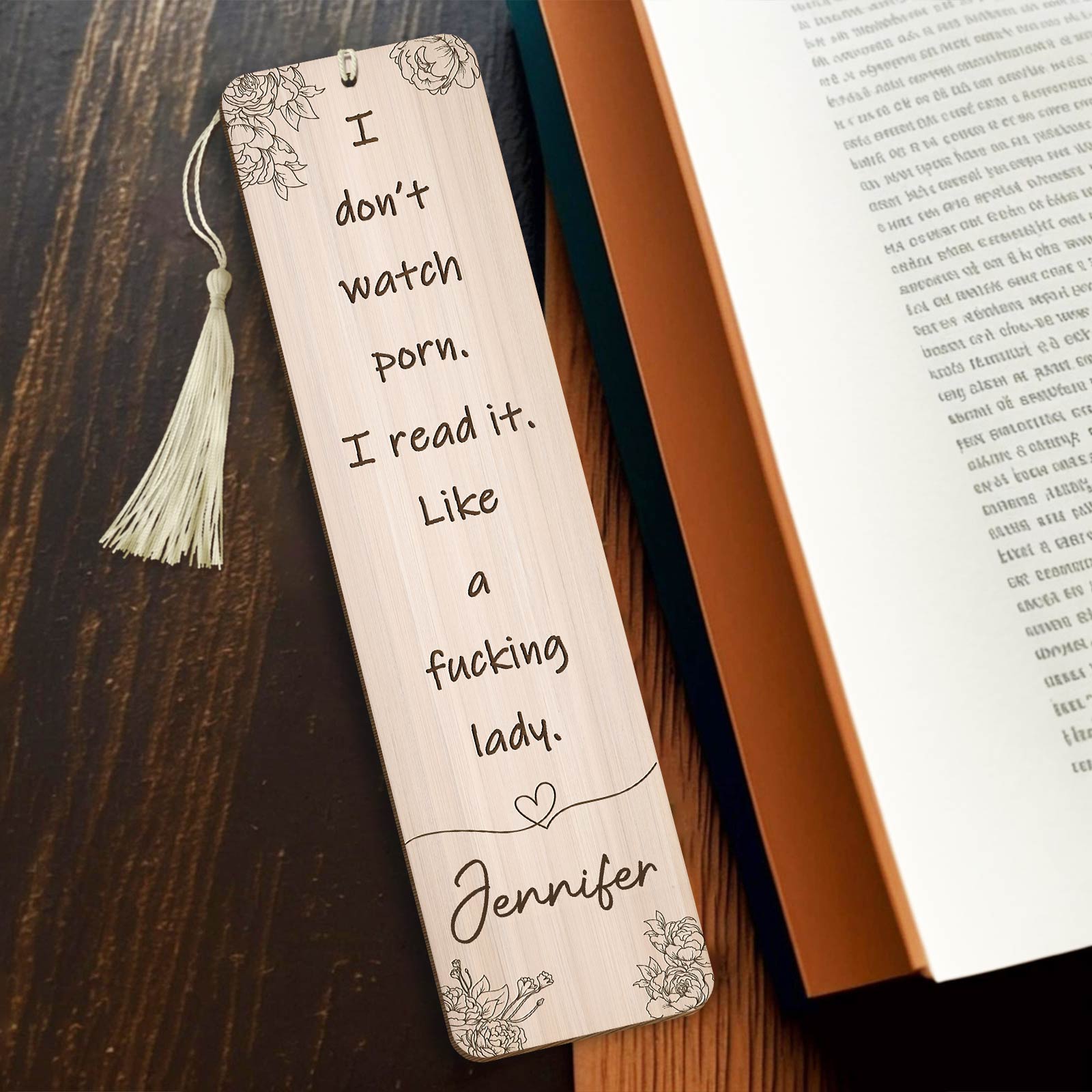 Personalized funny bookmark for women with humorous quote and floral design on a wooden background
