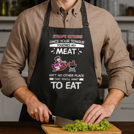 Personalized funny couple aprons featuring a humorous cooking design for couples in the kitchen