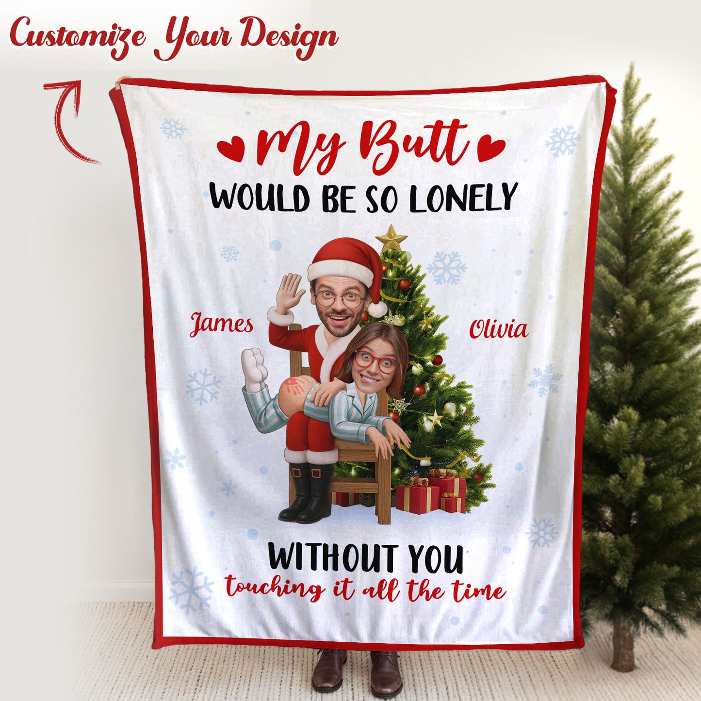 Personalized funny couple blanket featuring custom caricatures and festive design for holiday decor
