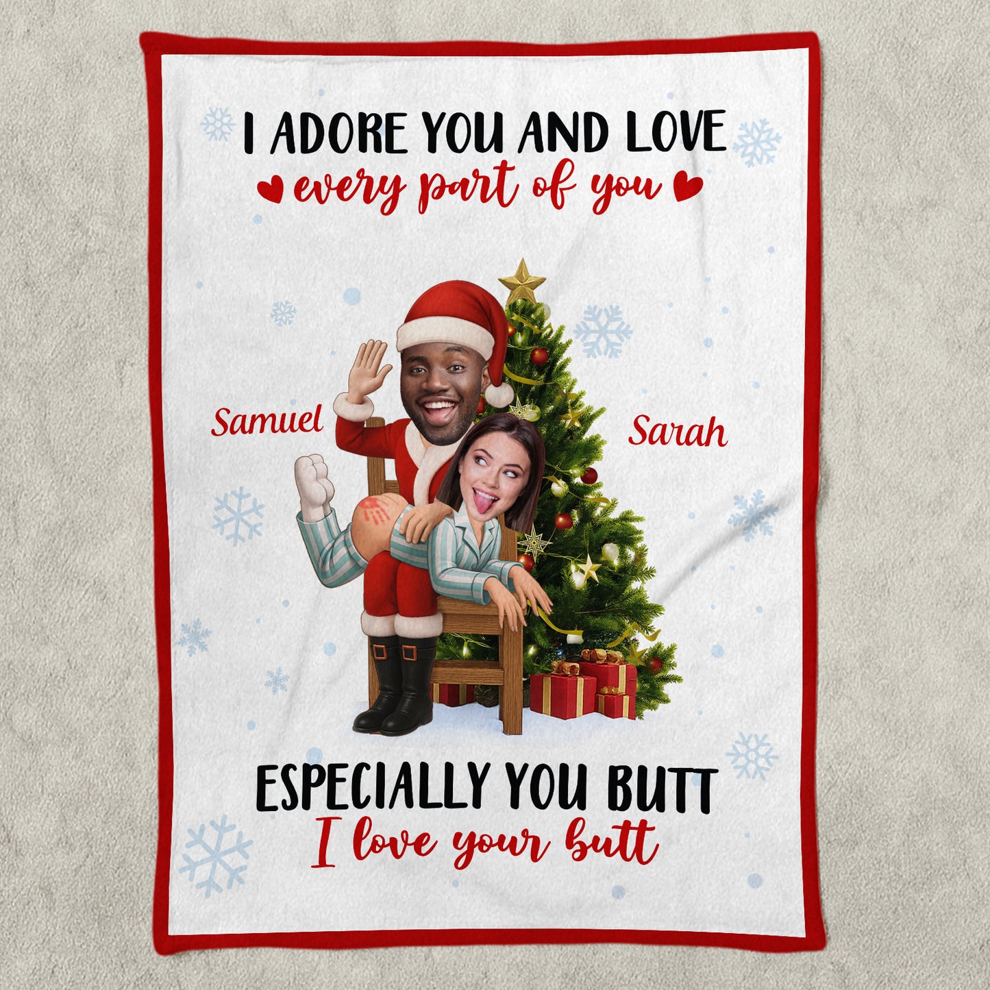 Personalized funny couple blanket featuring a humorous design with text and caricatures for couples