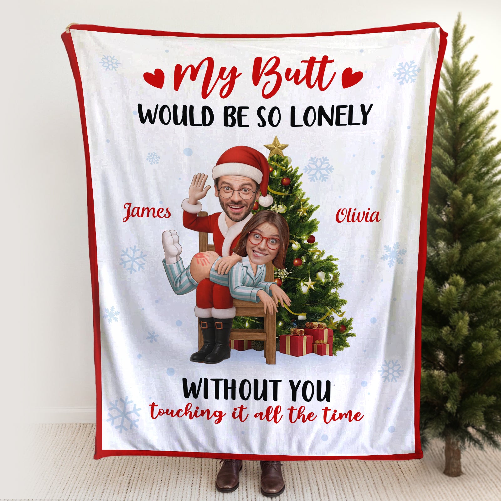 Personalized funny couple blanket featuring cartoon characters with Christmas theme and playful text
