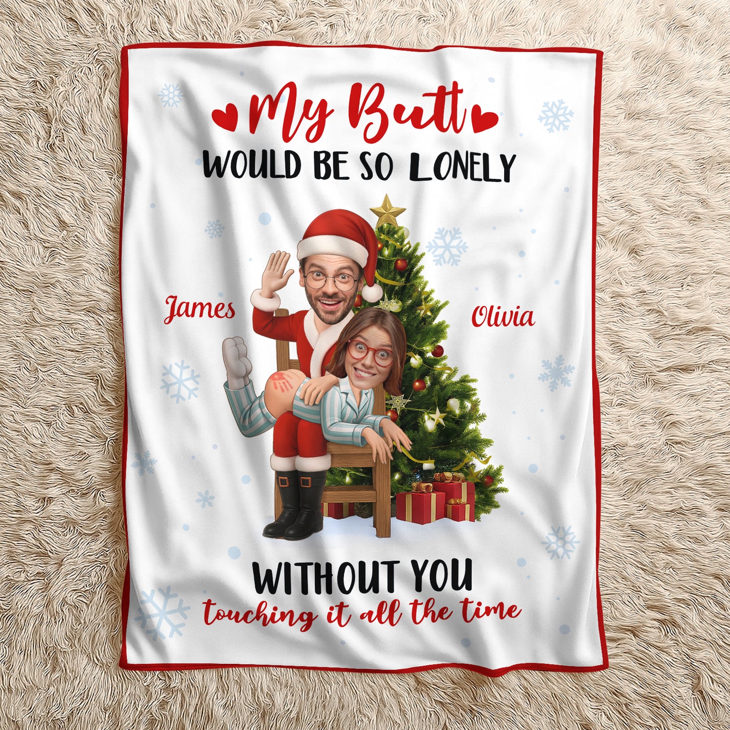 Personalized funny couple blanket featuring cartoon couple by a Christmas tree with a humorous quote