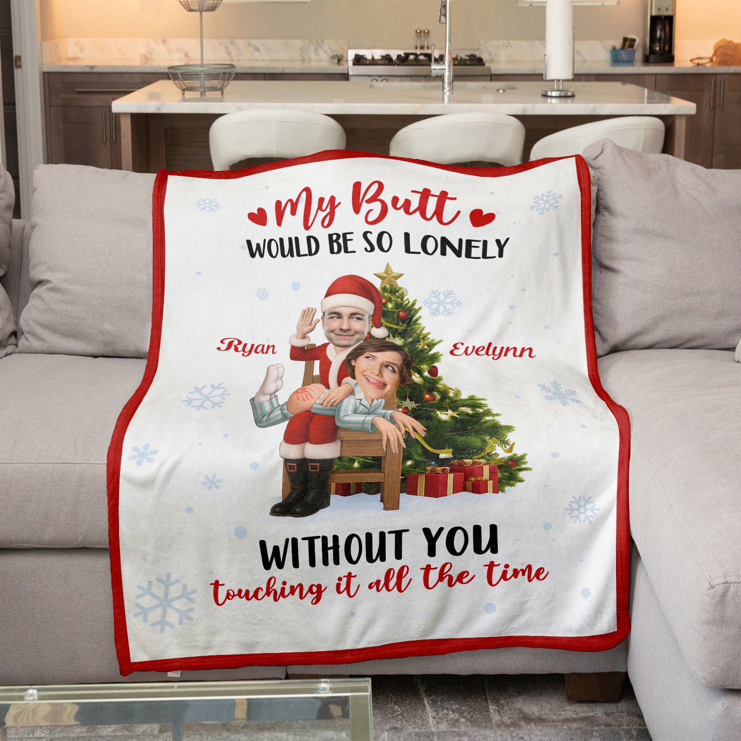 Personalized funny couple blanket featuring a holiday-themed design with a playful message
