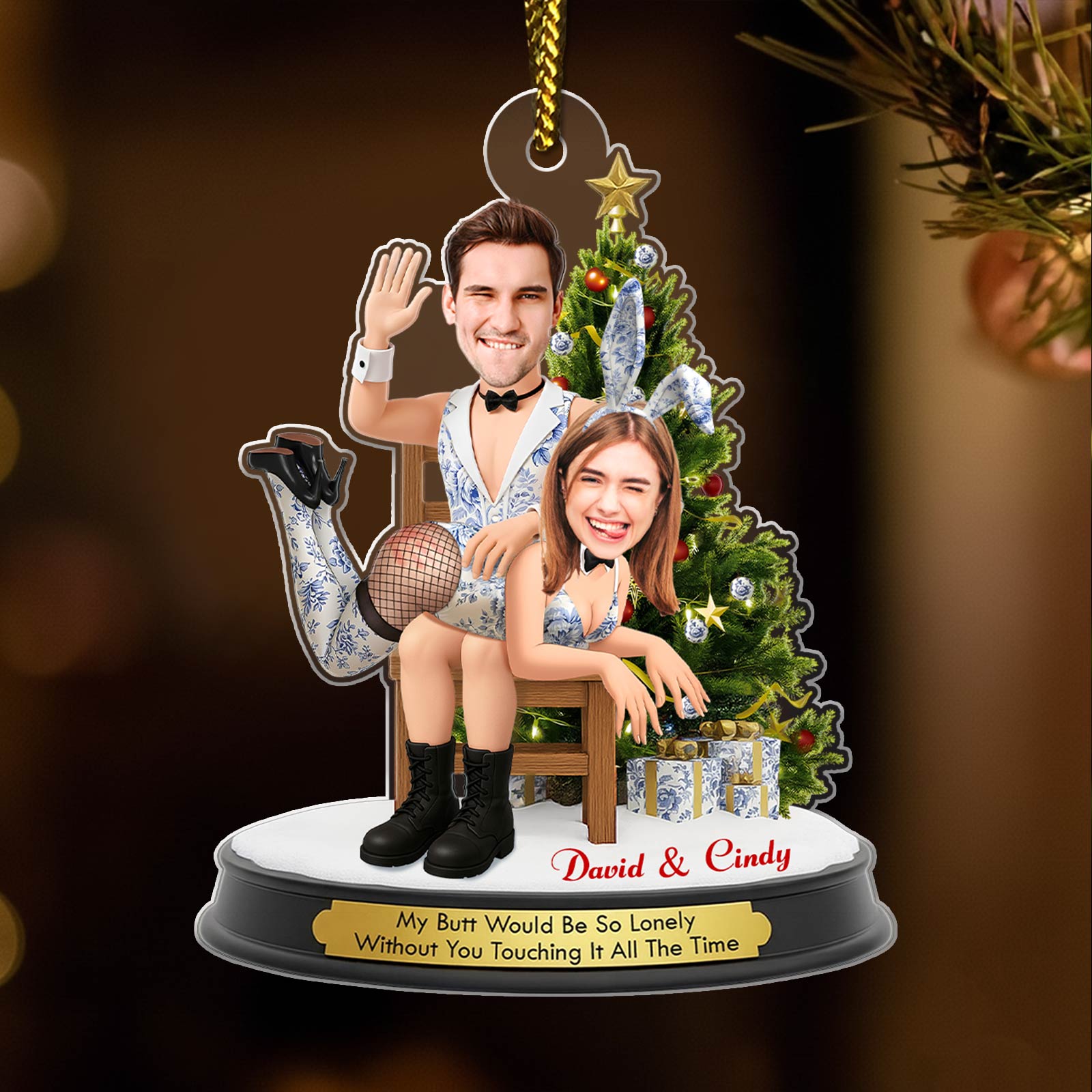 Personalized funny couple Christmas ornament featuring a playful design with names David and Cindy