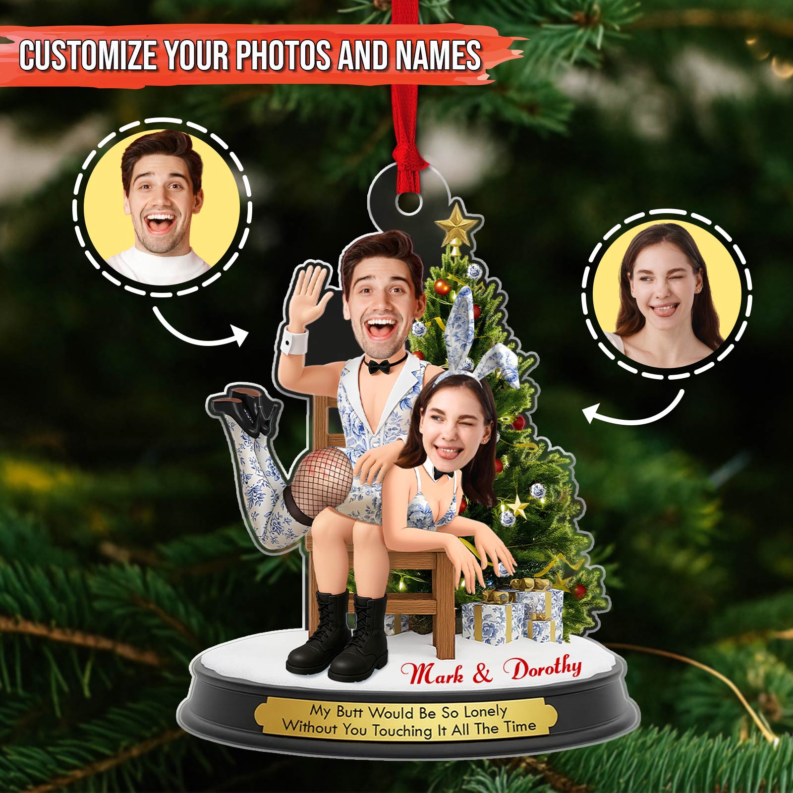 Personalized funny couple Christmas ornament featuring custom photos and names for a unique gift