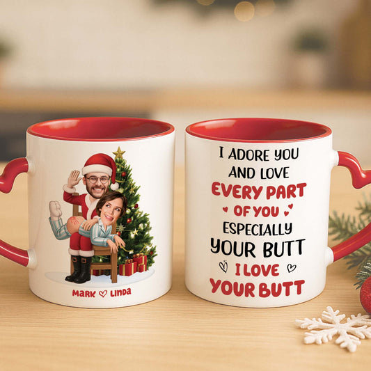 Personalized funny couple mug featuring a couple's caricature and humorous love message