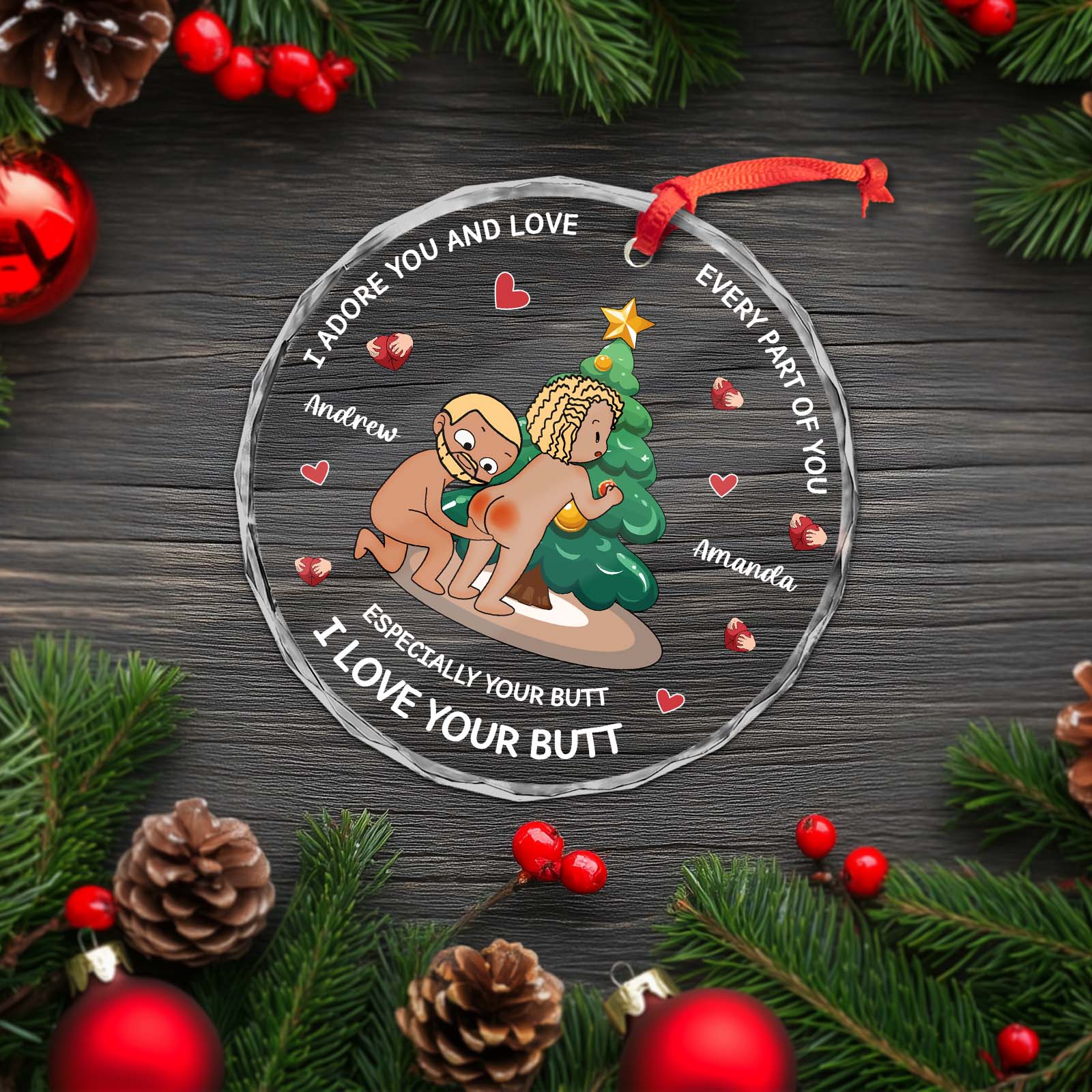 Personalized funny couple ornament with the text I'll Meet You at the Rainbow Bridge on a wooden design