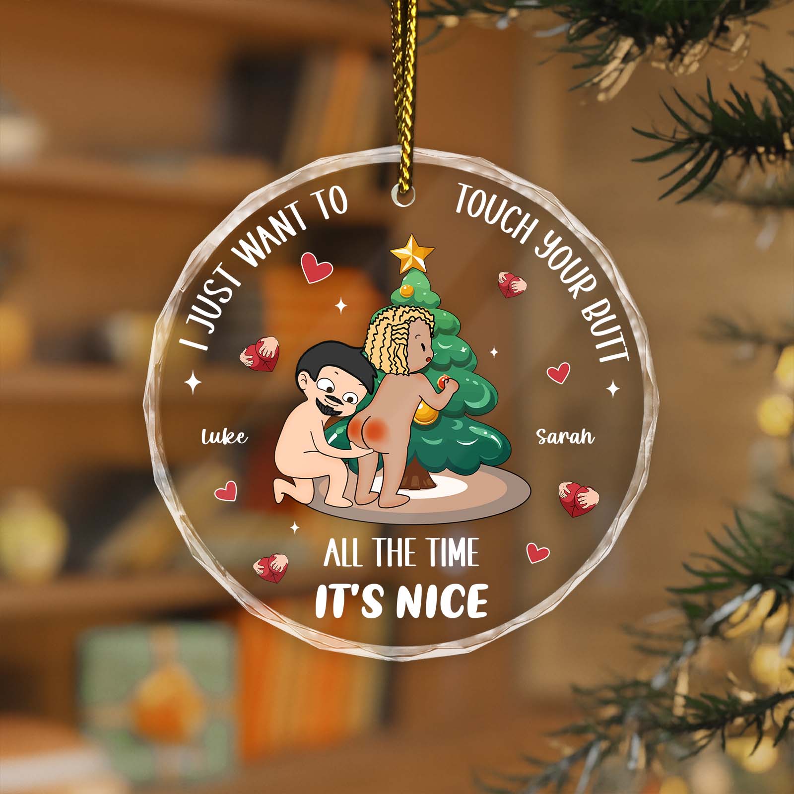 Personalized funny couple ornament featuring a playful design of a couple decorating a Christmas tree