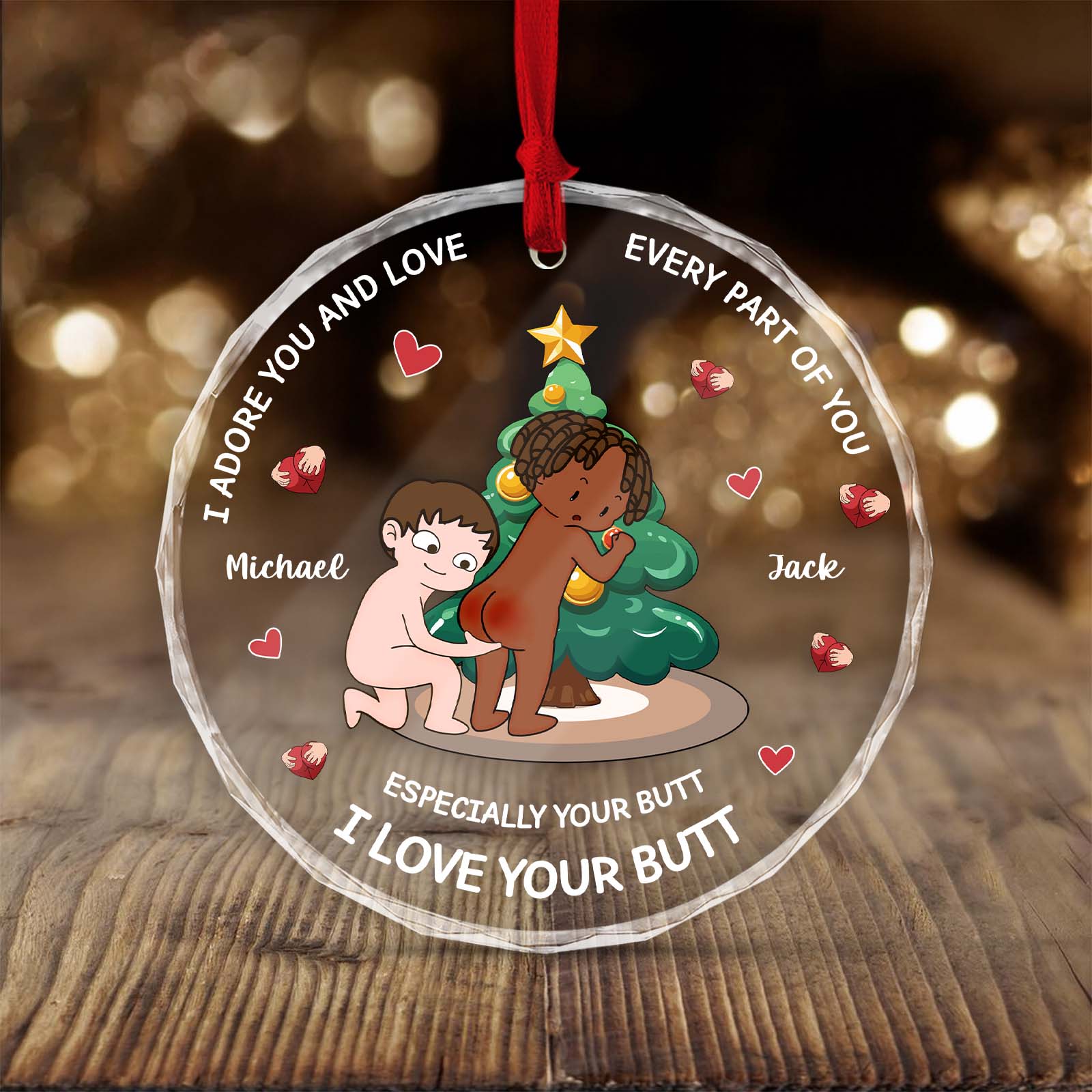 Personalized funny couple ornament with cartoon characters around a Christmas tree and playful text