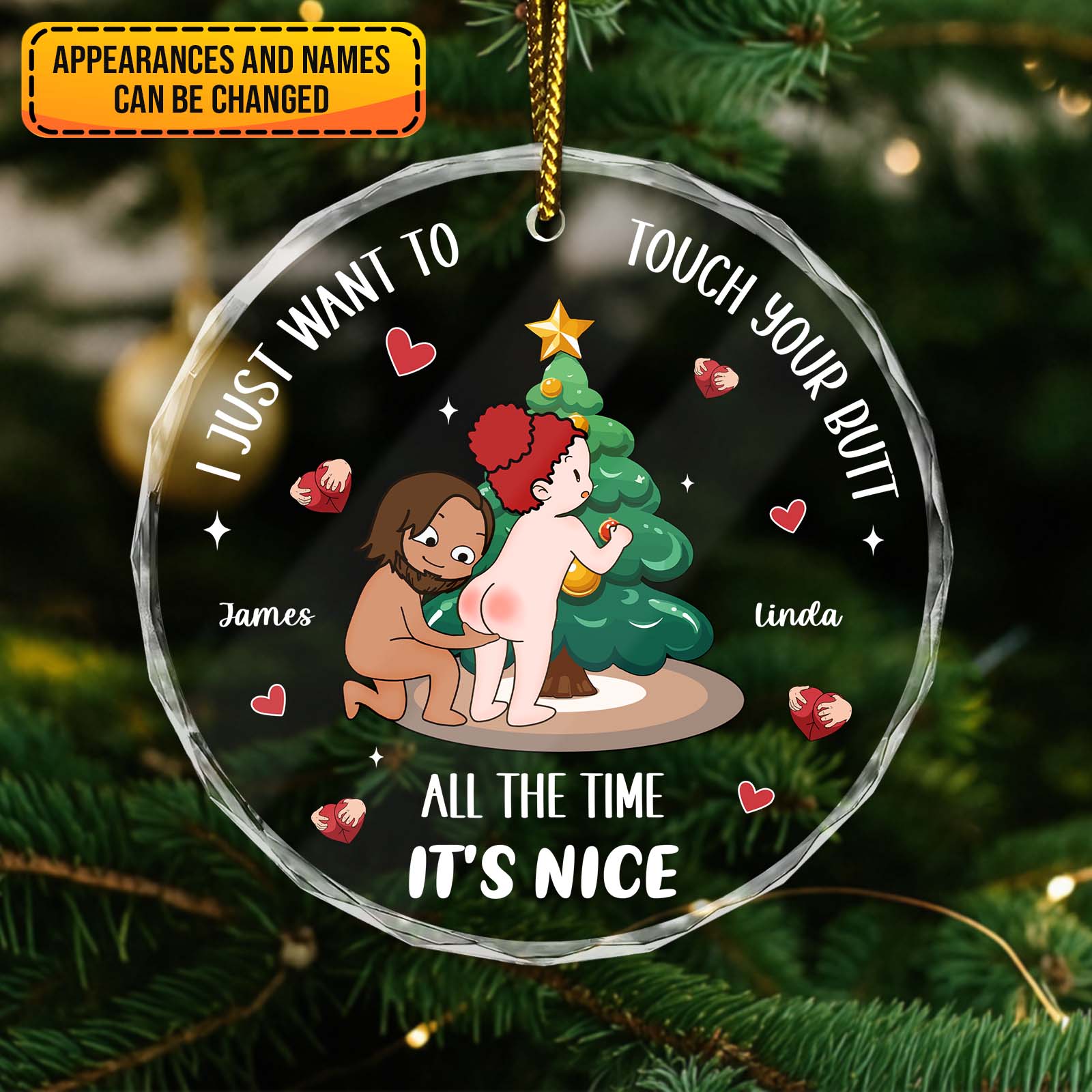Personalized funny couple ornament featuring four cartoon characters celebrating friendship and humor