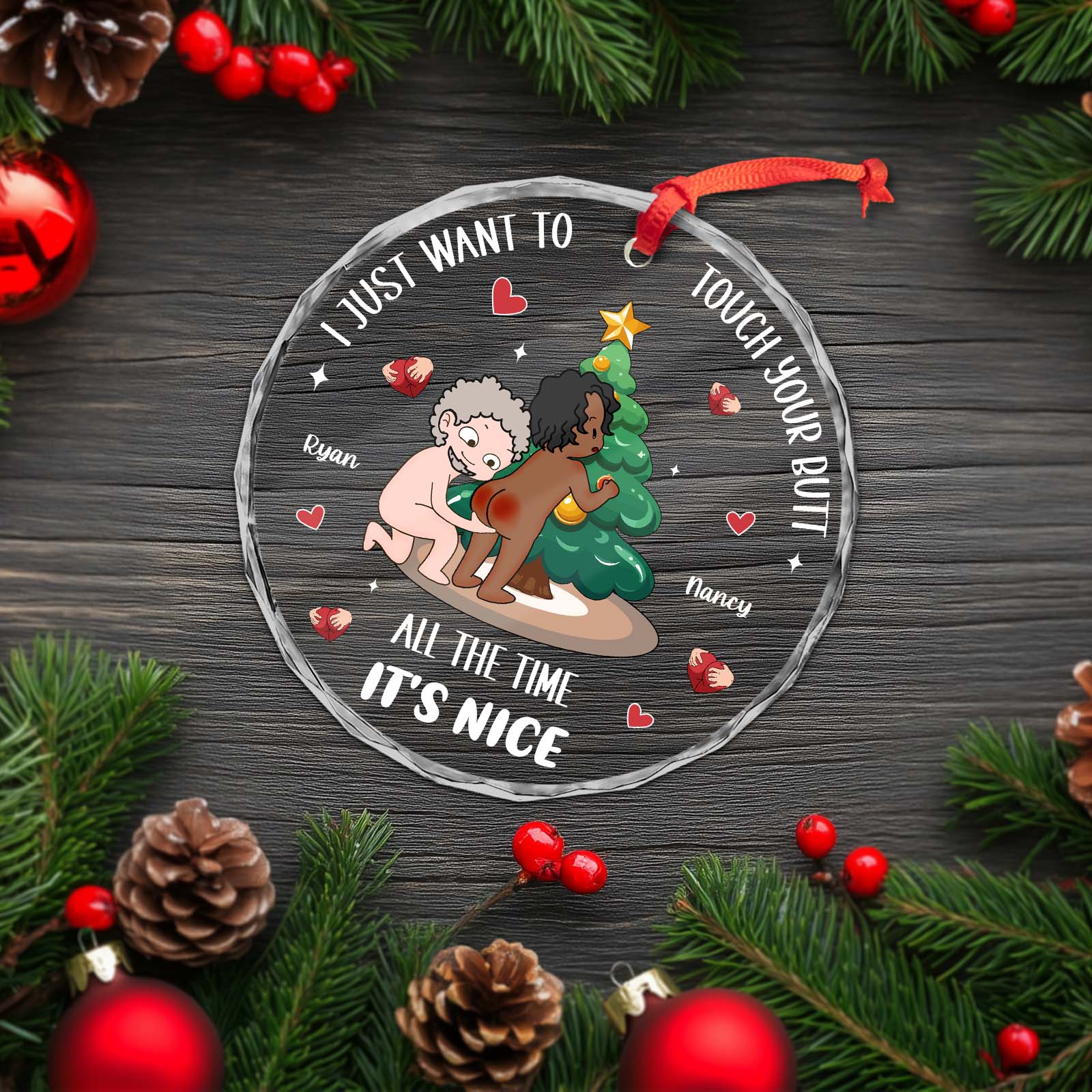 Personalized funny couple ornament featuring playful cartoon couple beside a Christmas tree