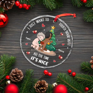 Personalized funny couple ornament featuring playful cartoon couple beside a Christmas tree