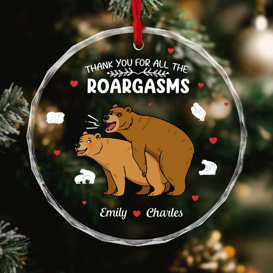 Personalized funny glass ornament with playful bear design and custom names Emily and Charles