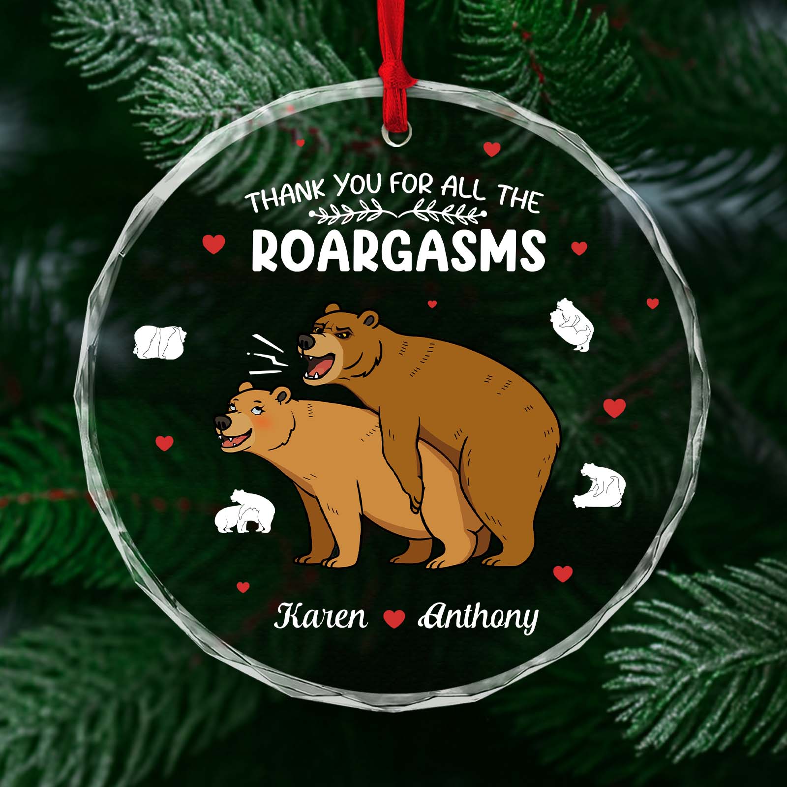 Personalized funny glass ornament with two bears and the text Thank You for All the Roargasms