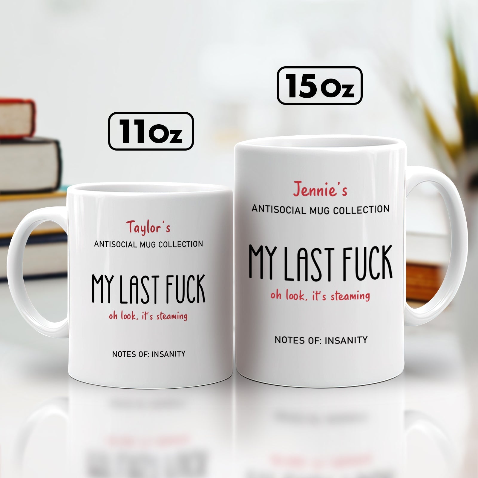 Personalized funny mug set with custom names and humorous text for unique gifts
