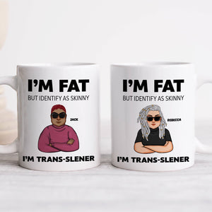 Personalized funny mug featuring humorous text and caricatures for a lighthearted gift.