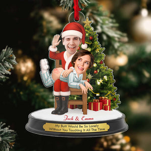 Personalized funny Santa Christmas ornament featuring a couple with a playful design and festive background