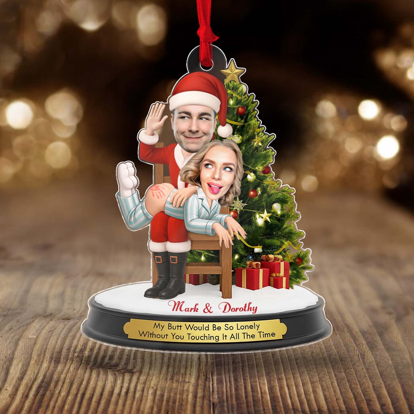 Personalized funny Santa Christmas ornament featuring a couple in festive attire with a humorous saying