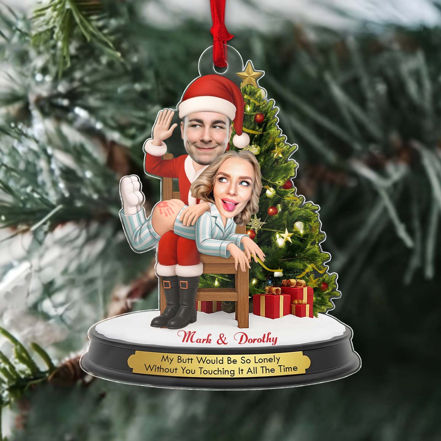 Personalized funny Santa Christmas ornament featuring a couple by a decorated tree with a playful message