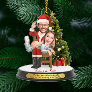Personalized funny Santa Christmas ornament featuring a couple with a playful design and festive colors