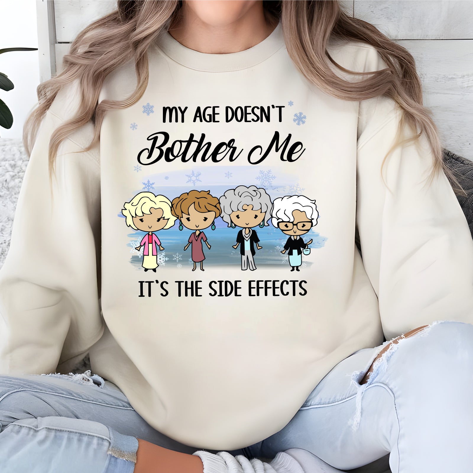 Personalized funny shirt featuring cartoon characters with the text My Age Doesn't Bother Me It's the Side Effects